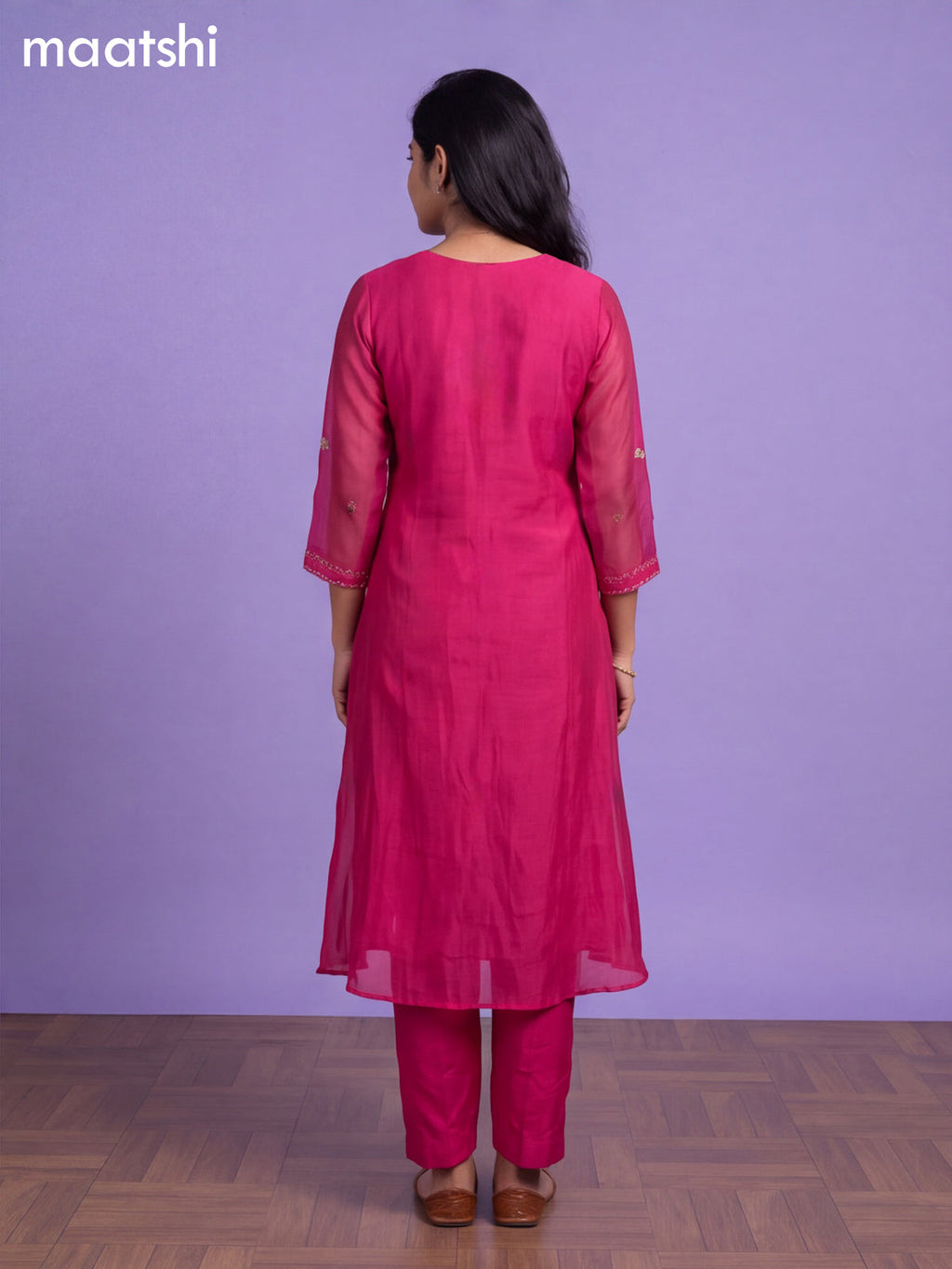Magenta Pink Mul Chanderi Embroidery Work A-Line Suit