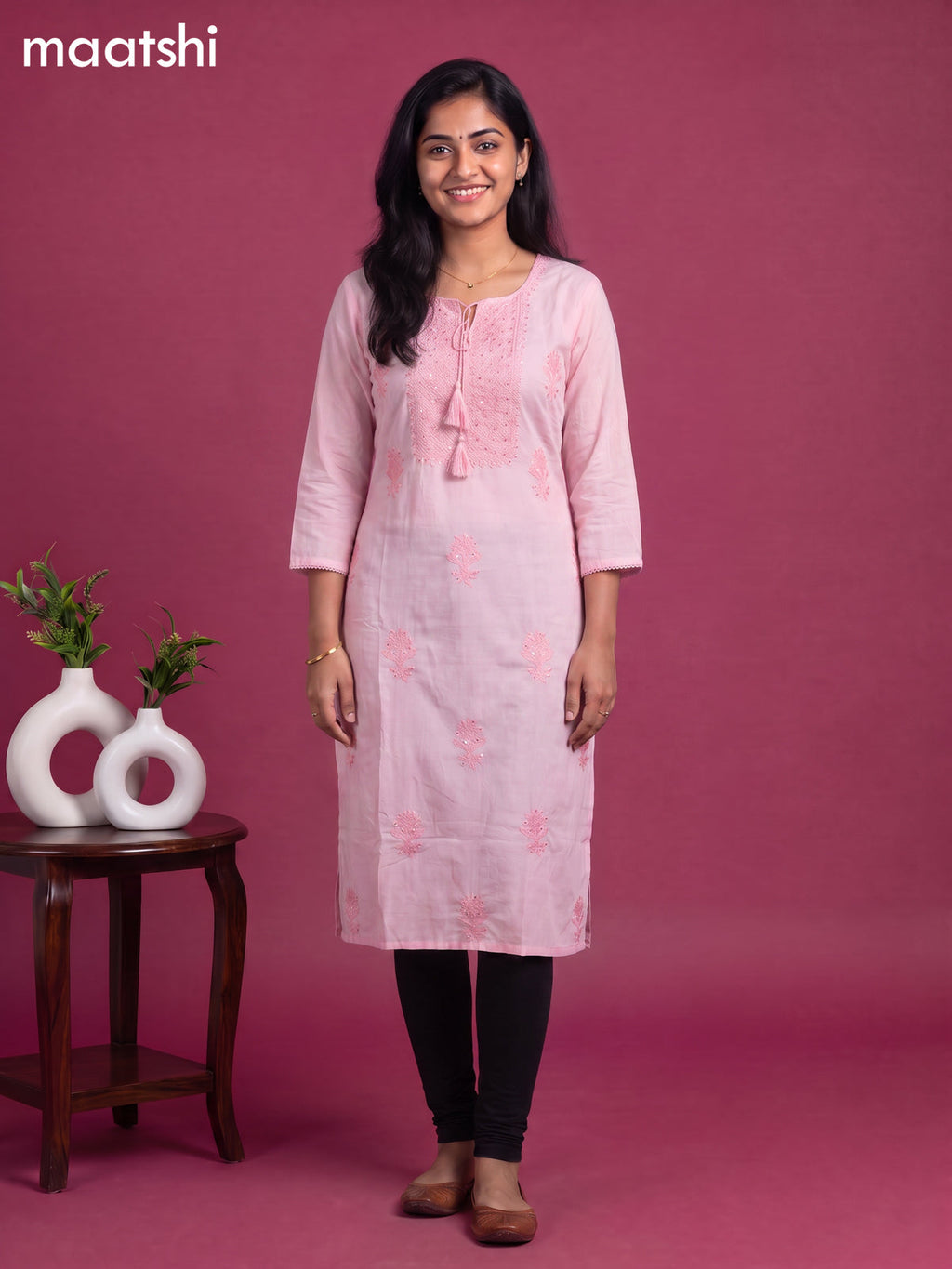 Pink Cotton Embroidery Work Straight Kurti