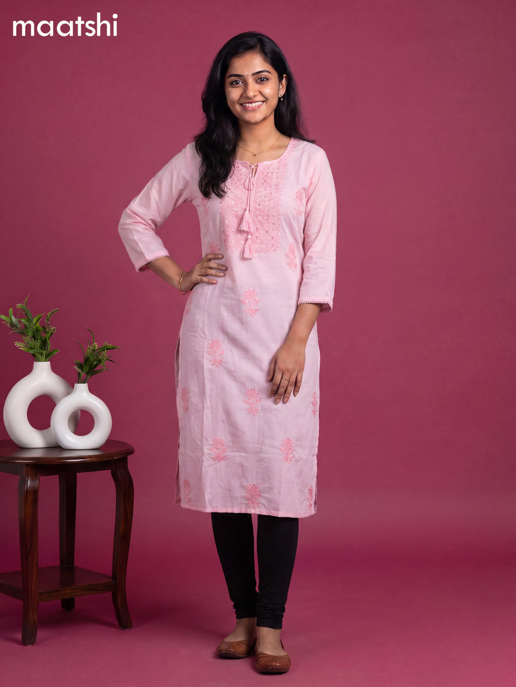 Pink Cotton Embroidery Work Straight Kurti