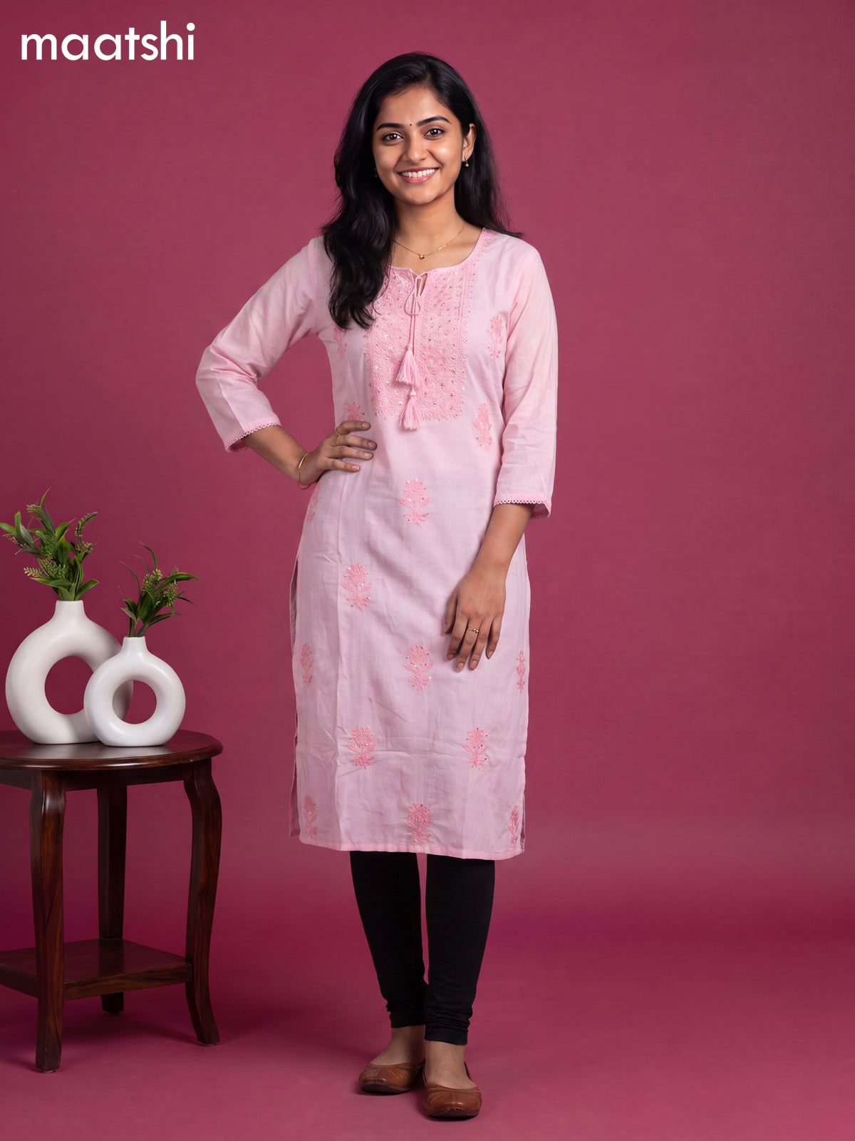 Pink Cotton Embroidery Work Straight Kurti