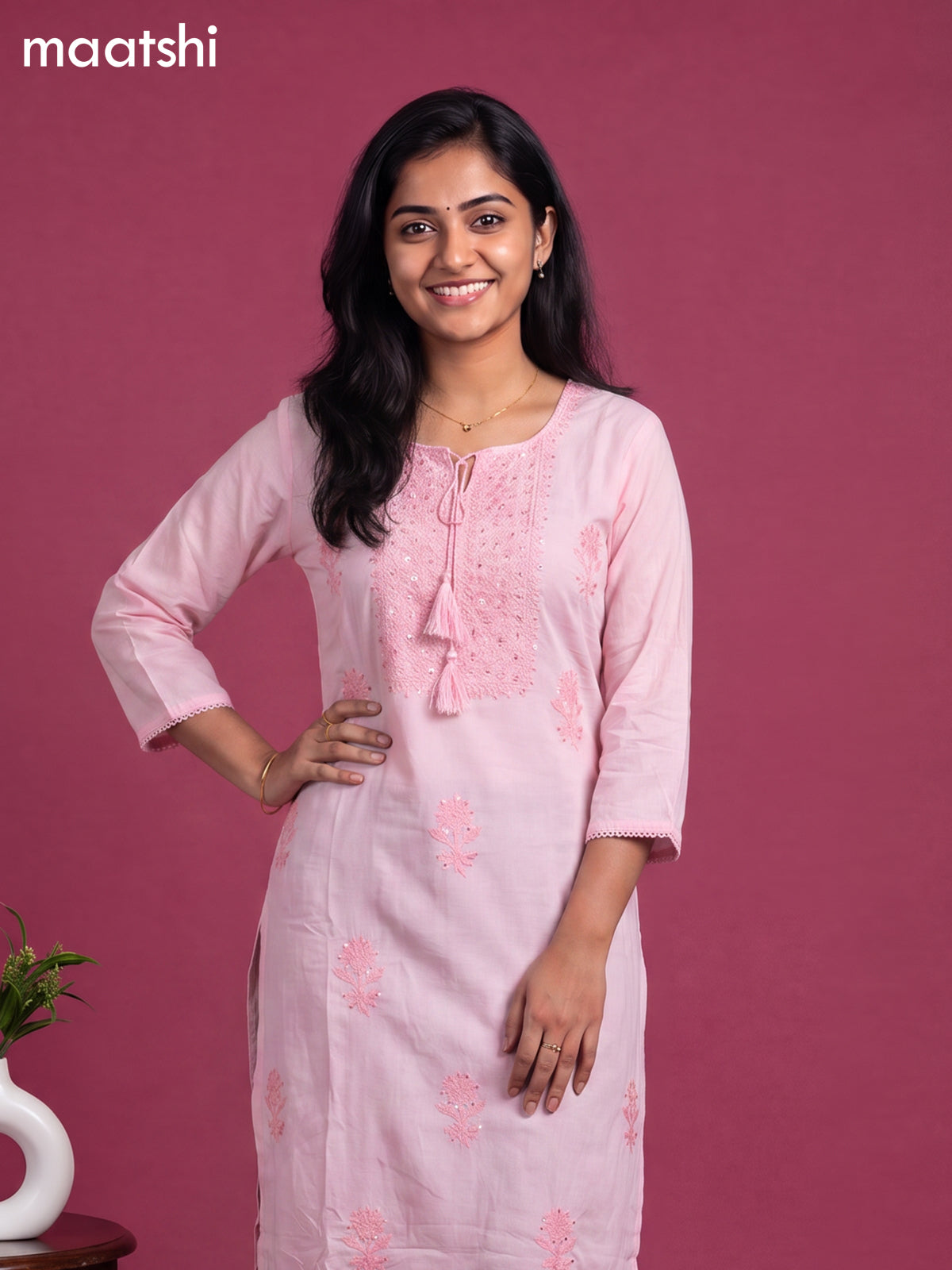 Pink Cotton Embroidery Work Straight Kurti