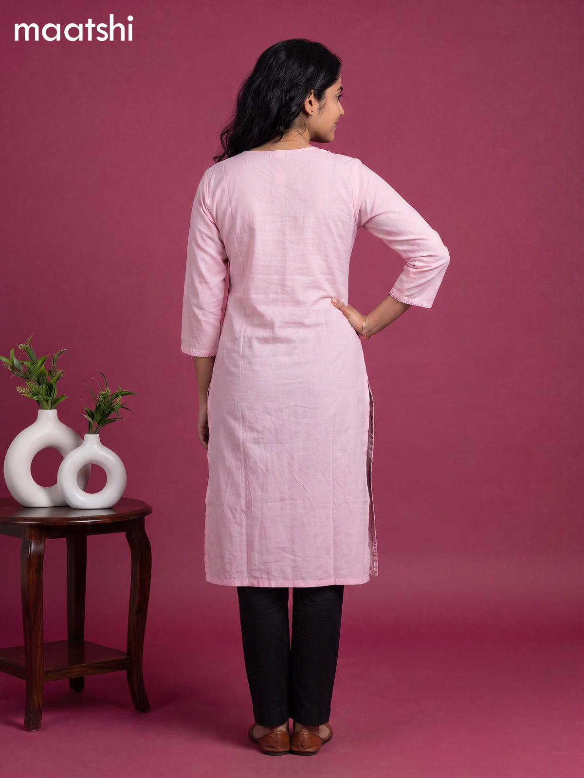 Pink Cotton Embroidery Work Straight Kurti