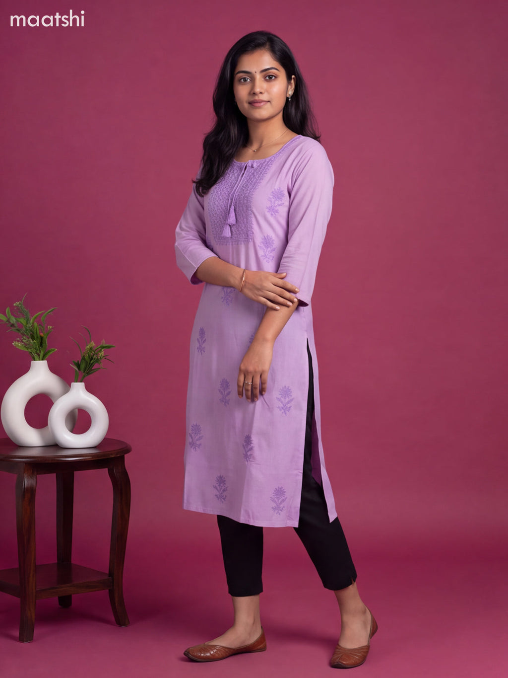 Lavender Cotton Embroidery Work Straight Kurti
