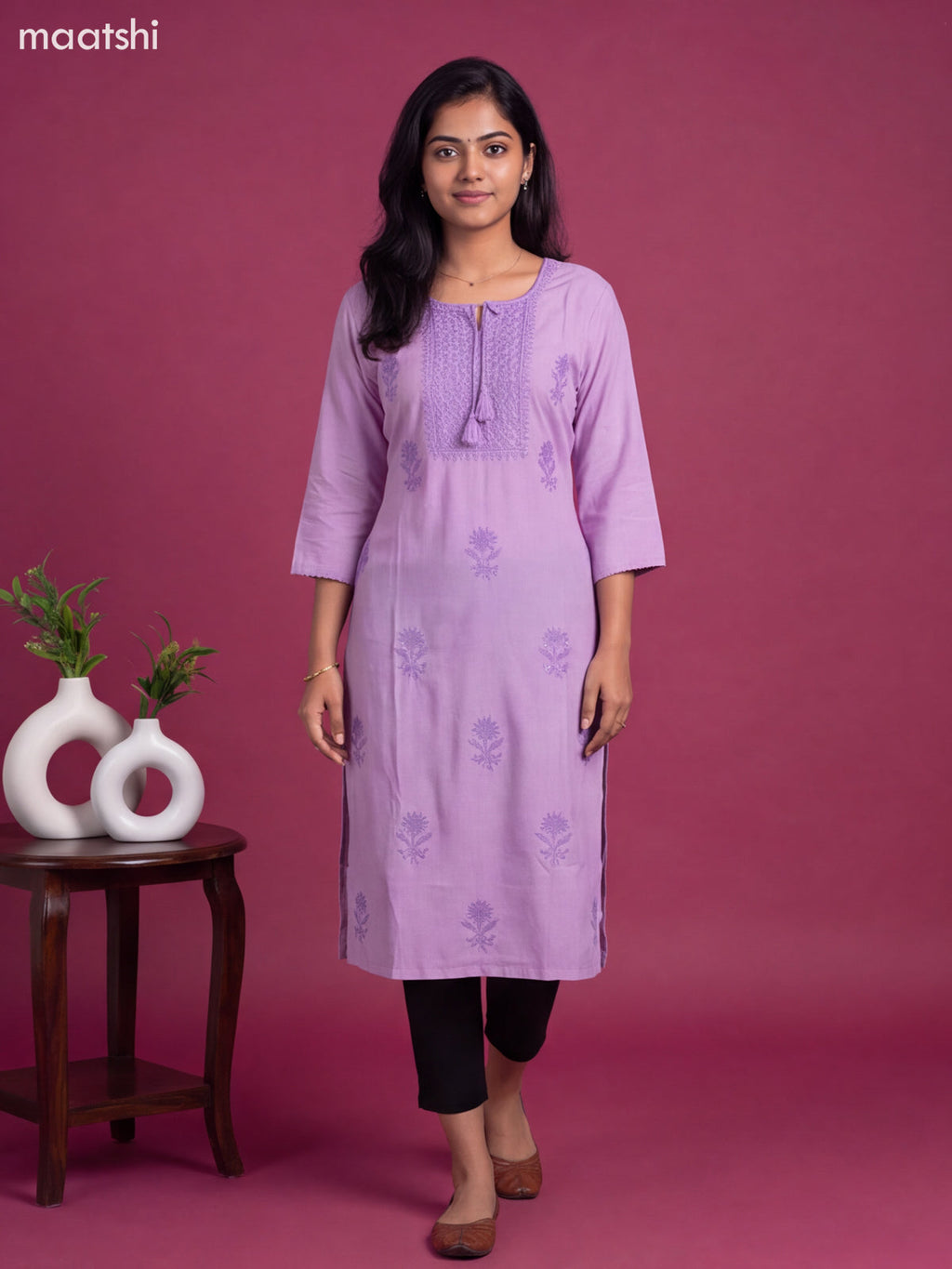 Lavender Cotton Embroidery Work Straight Kurti