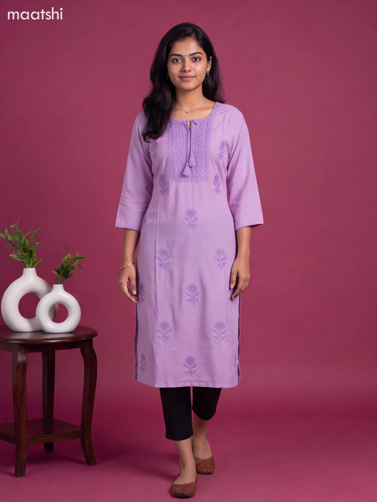 Lavender Cotton Embroidery Work Straight Kurti