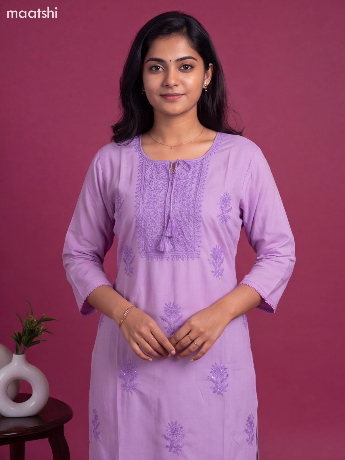 Lavender Cotton Embroidery Work Straight Kurti