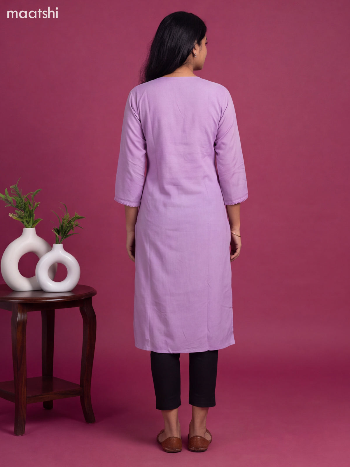Lavender Cotton Embroidery Work Straight Kurti