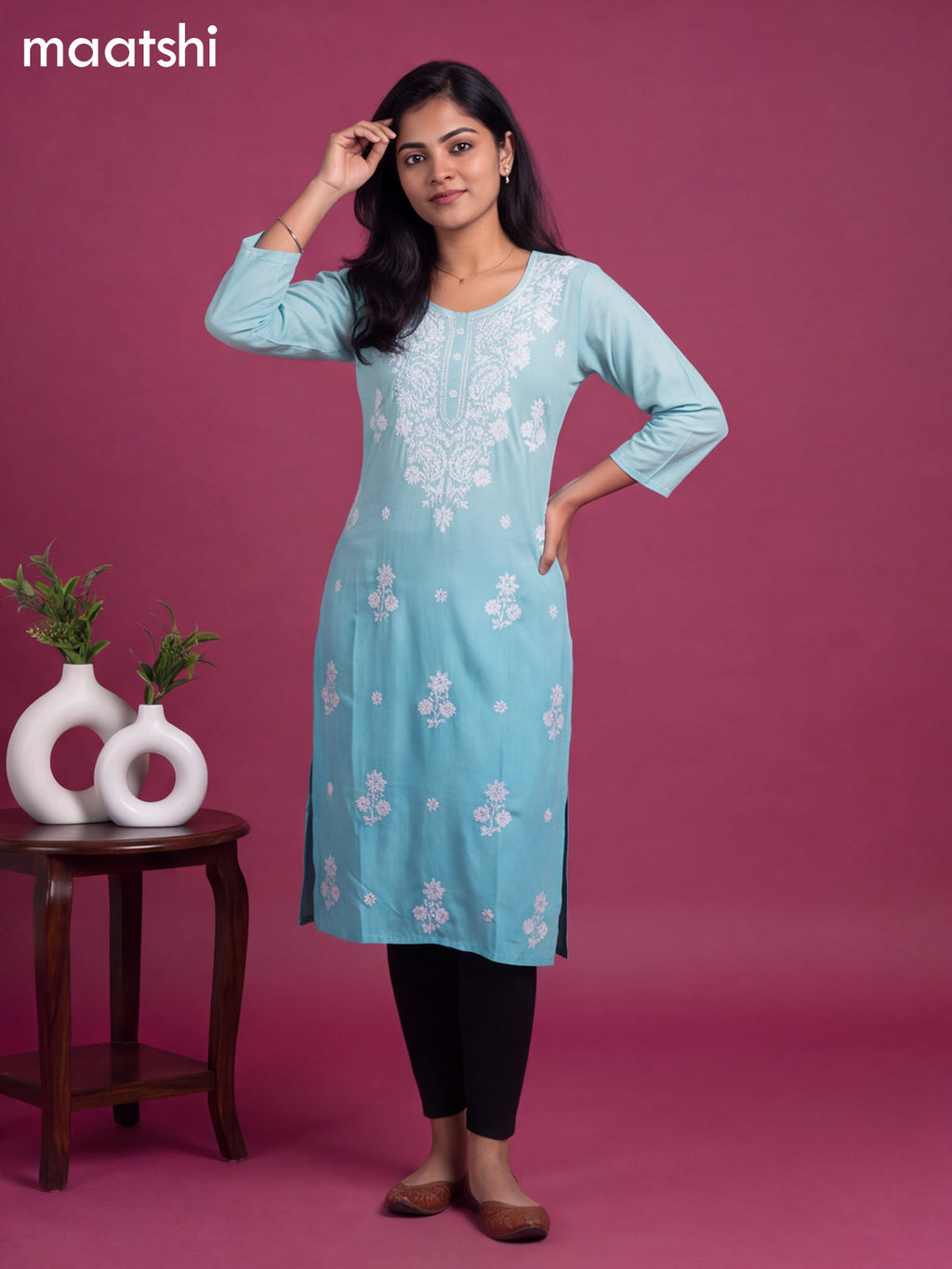 Teal Blue Cotton Embroidery Work Straight Kurti