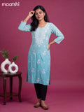 Teal Blue Cotton Embroidery Work Straight Kurti