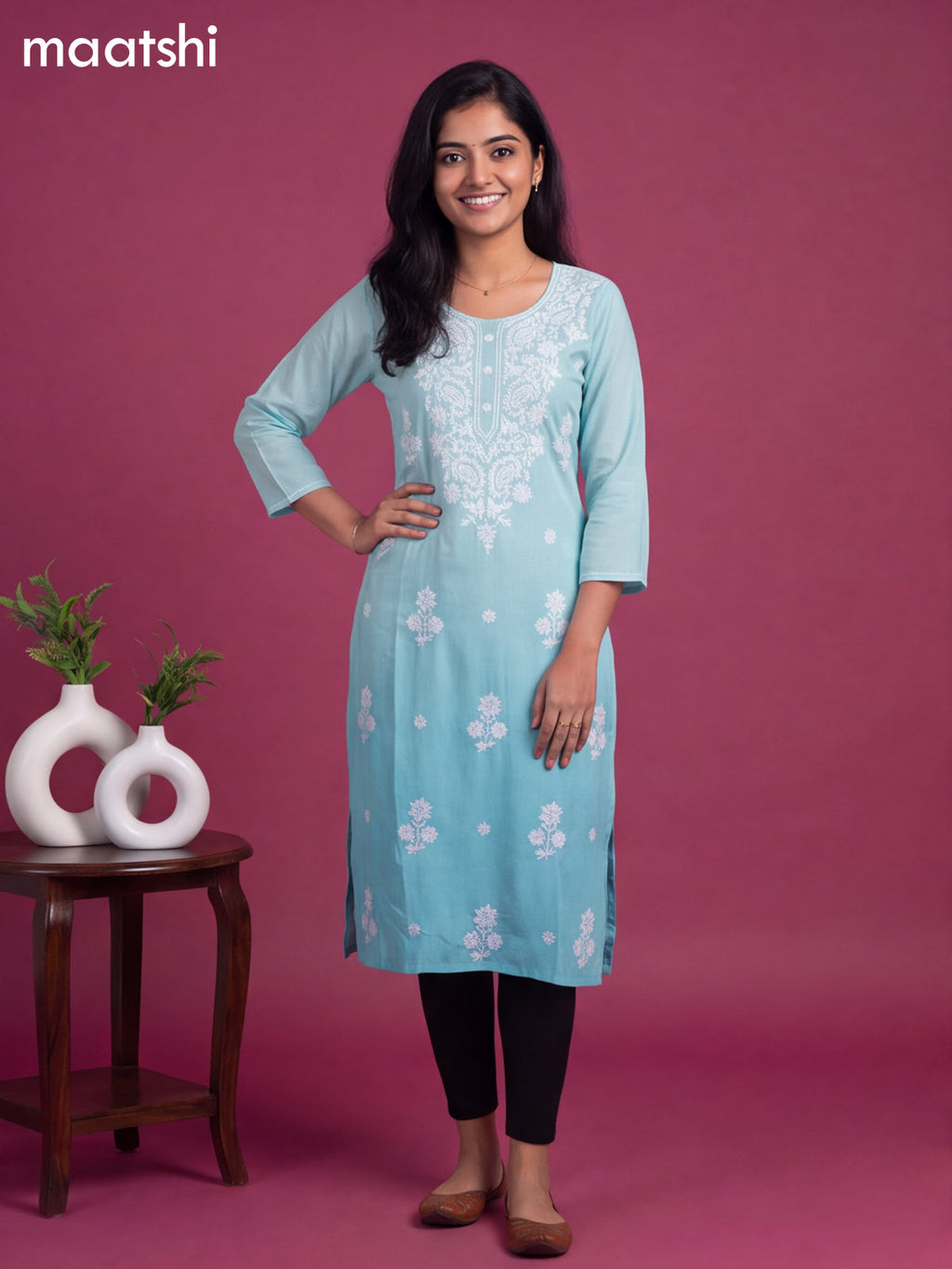 Teal Blue Cotton Embroidery Work Straight Kurti