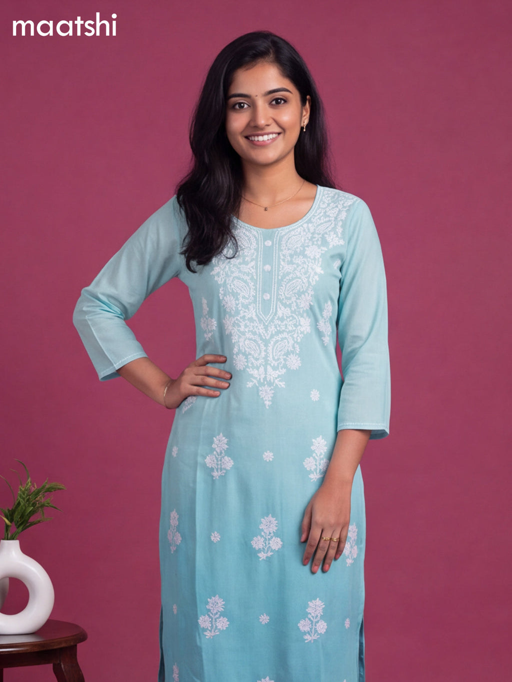 Teal Blue Cotton Embroidery Work Straight Kurti
