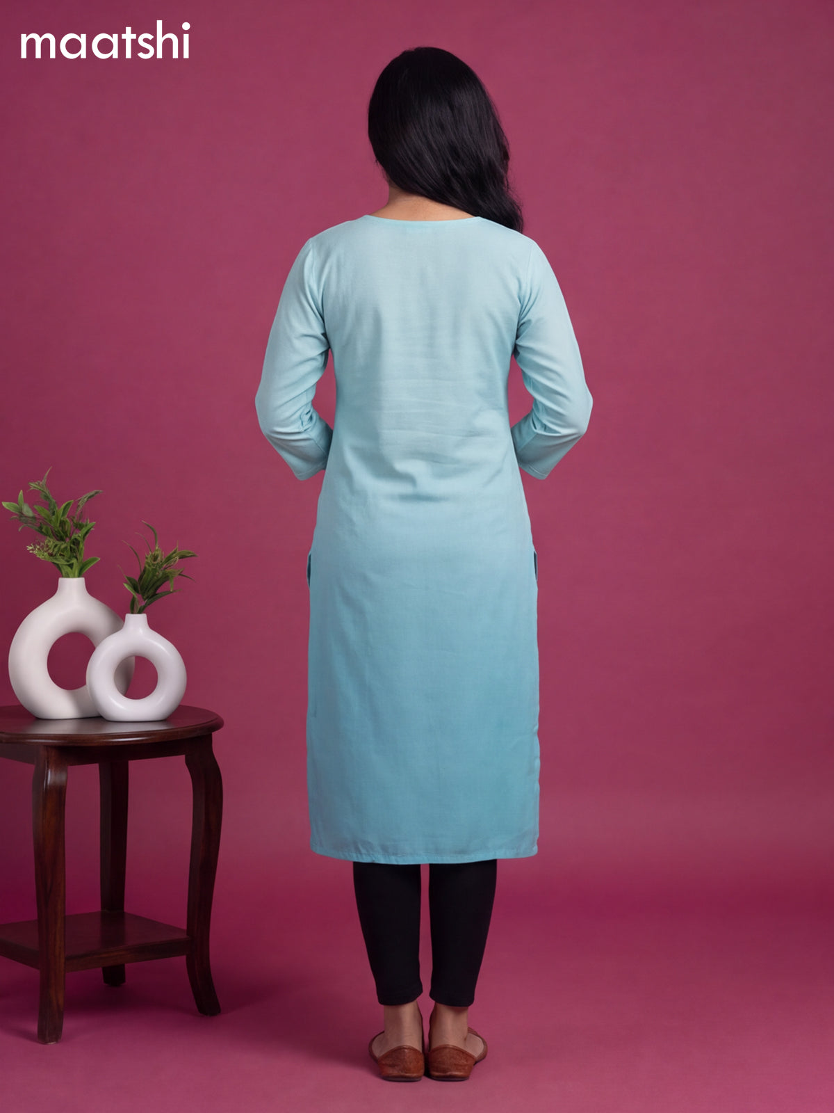 Teal Blue Cotton Embroidery Work Straight Kurti