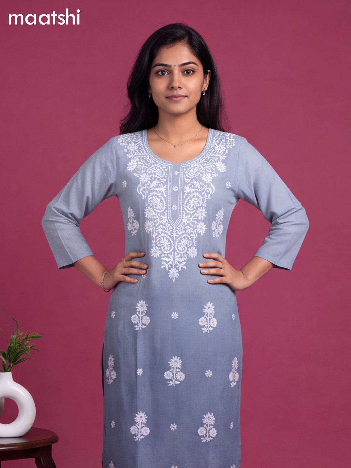 Greyish Blue Cotton Embroidery Work Straight Kurti