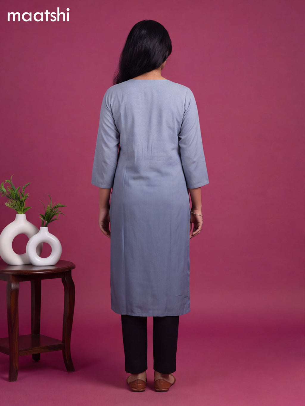 Greyish Blue Cotton Embroidery Work Straight Kurti