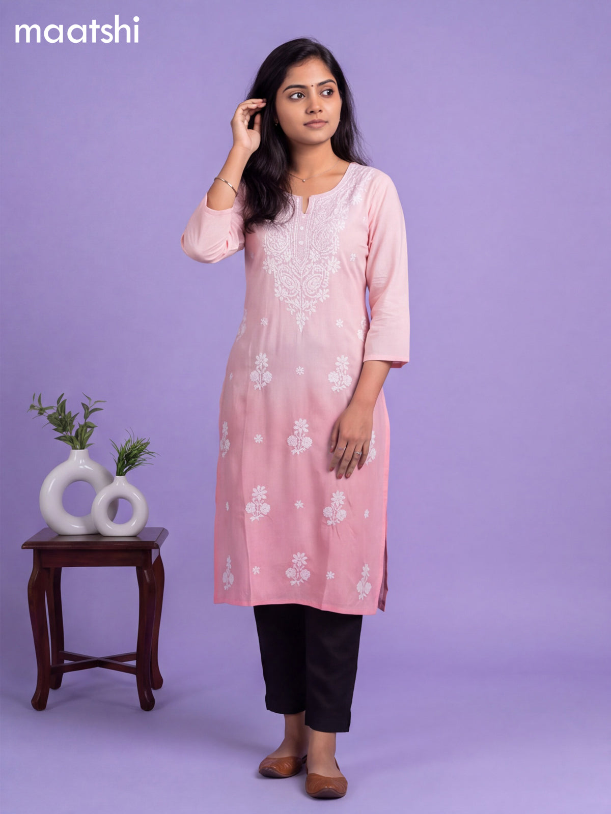 Baby Pink Cotton Embroidery Work Straight Kurti