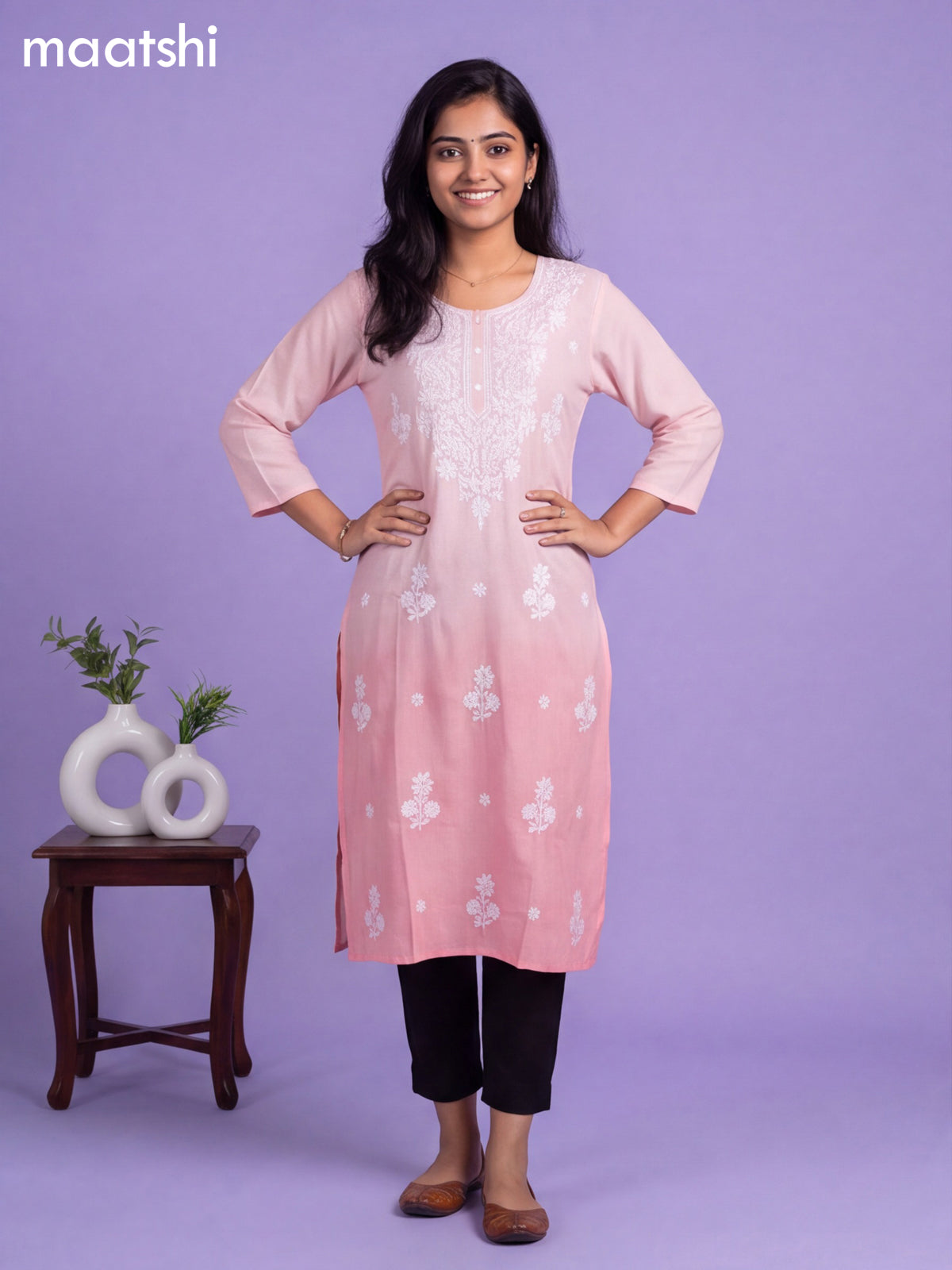 Baby Pink Cotton Embroidery Work Straight Kurti