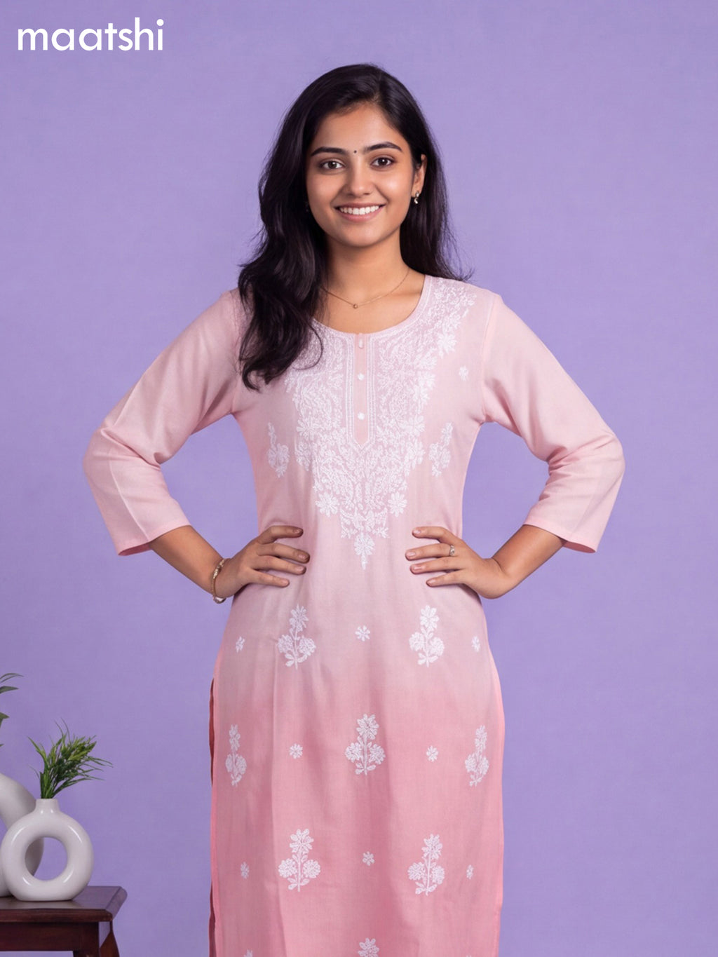 Baby Pink Cotton Embroidery Work Straight Kurti