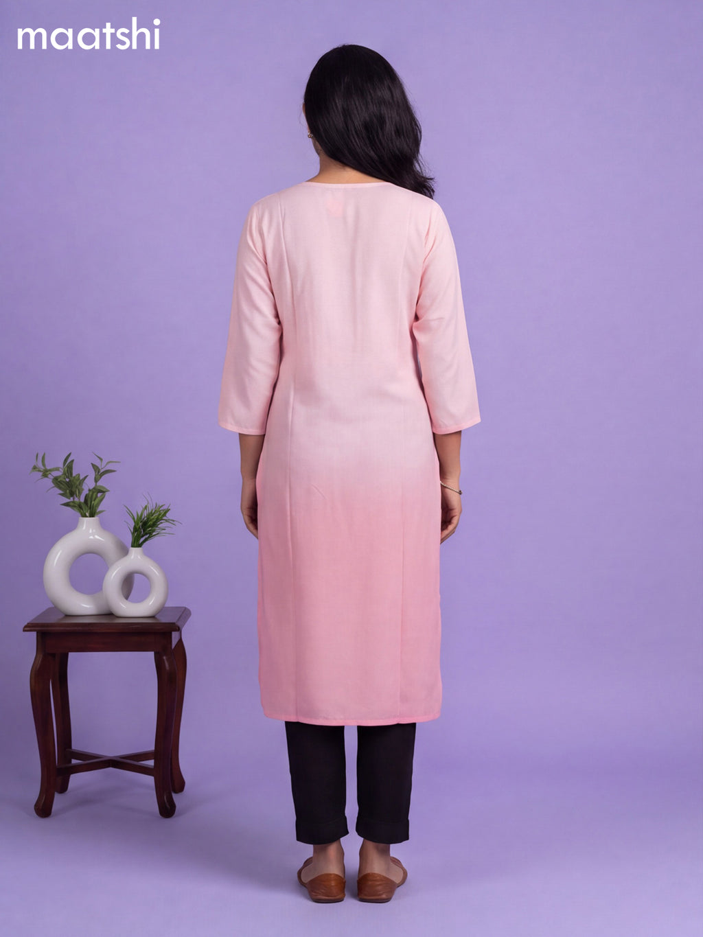 Baby Pink Cotton Embroidery Work Straight Kurti