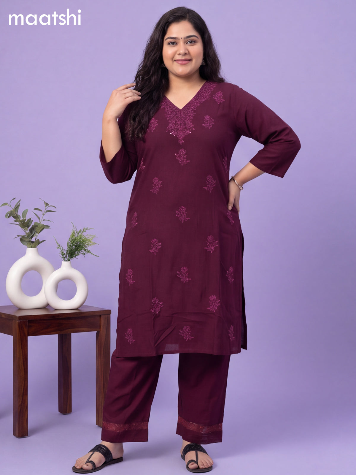 Wine Cotton Embroidery Work Kurti & Bottom Set