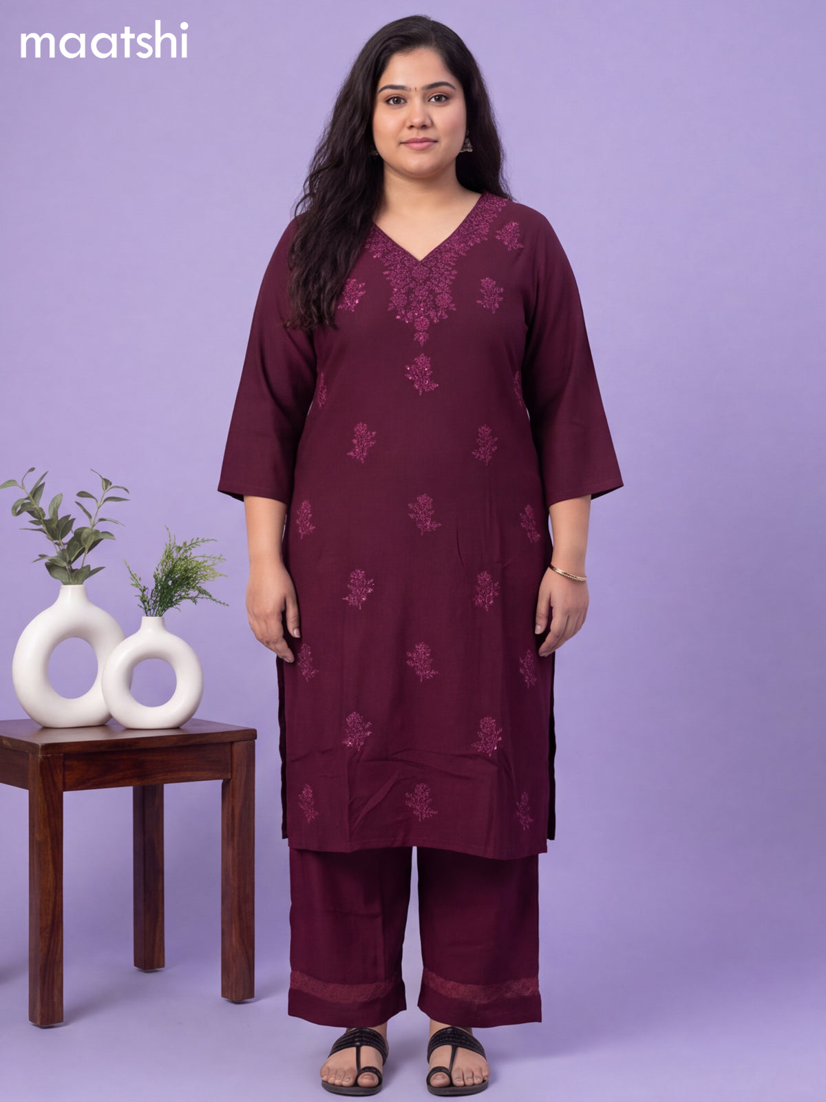 Wine Cotton Embroidery Work Kurti & Bottom Set
