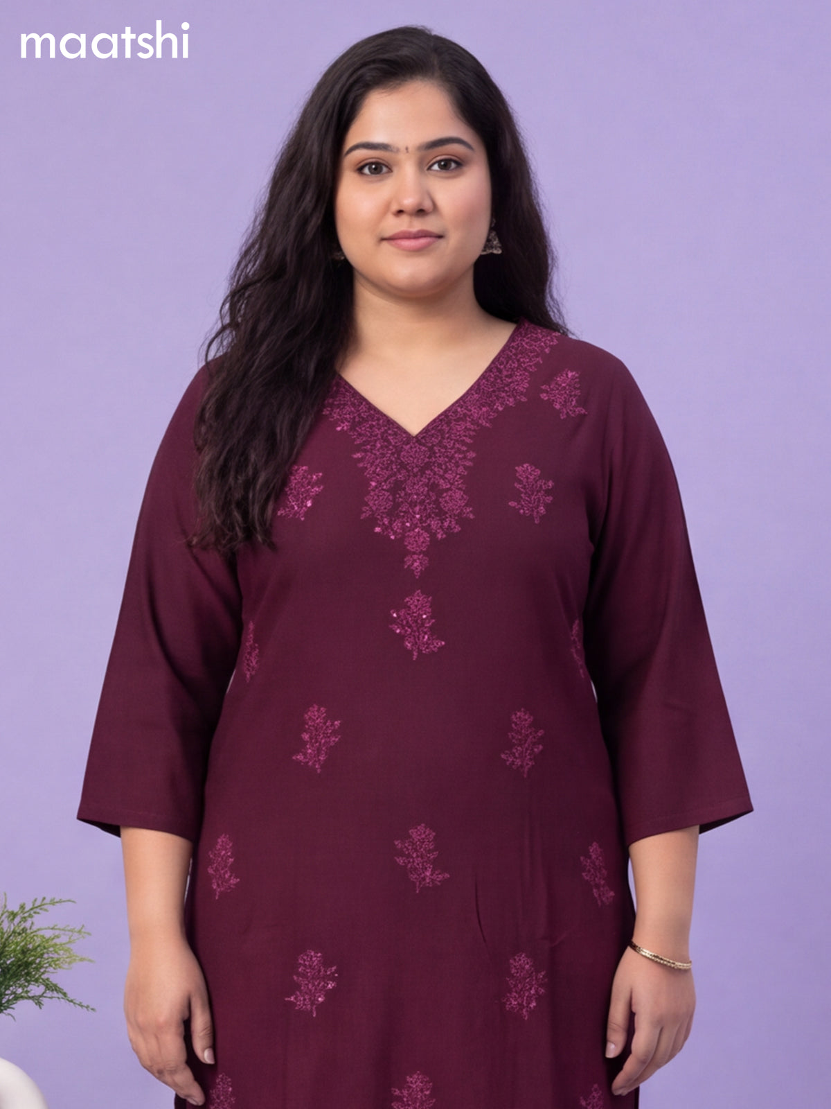 Wine Cotton Embroidery Work Kurti & Bottom Set