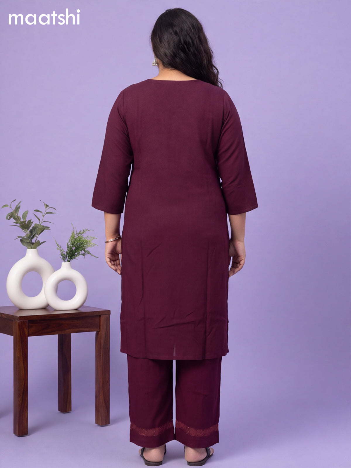 Wine Cotton Embroidery Work Kurti & Bottom Set
