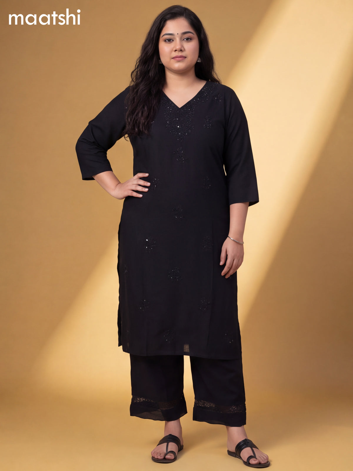 Black Cotton Embroidery Work Kurti & Bottom Set