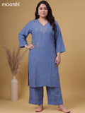 Greyish Blue Cotton Embroidery Work Kurti & Bottom Set