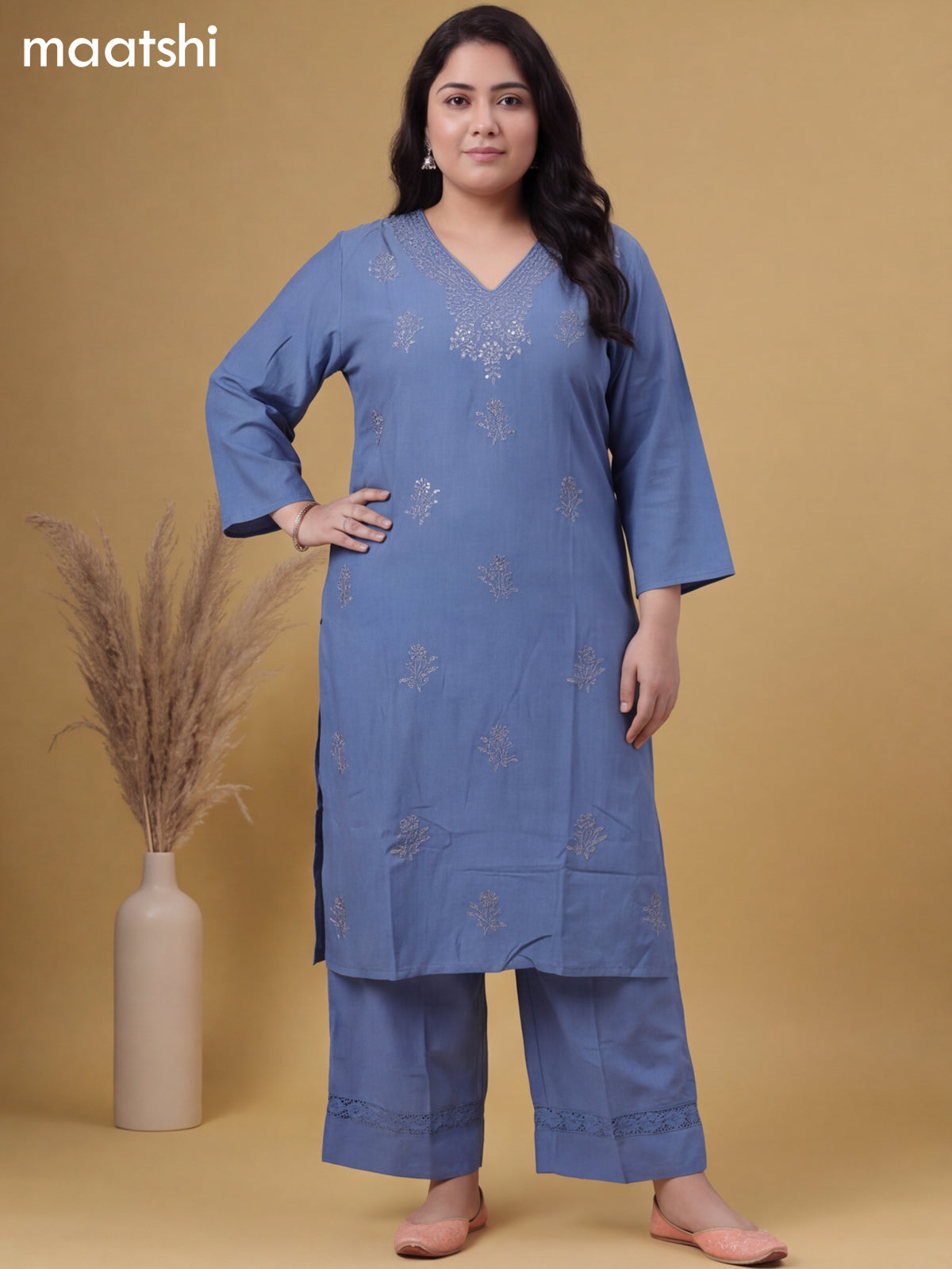 Greyish Blue Cotton Embroidery Work Kurti & Bottom Set