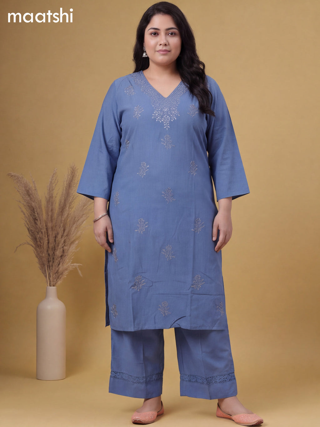 Greyish Blue Cotton Embroidery Work Kurti & Bottom Set