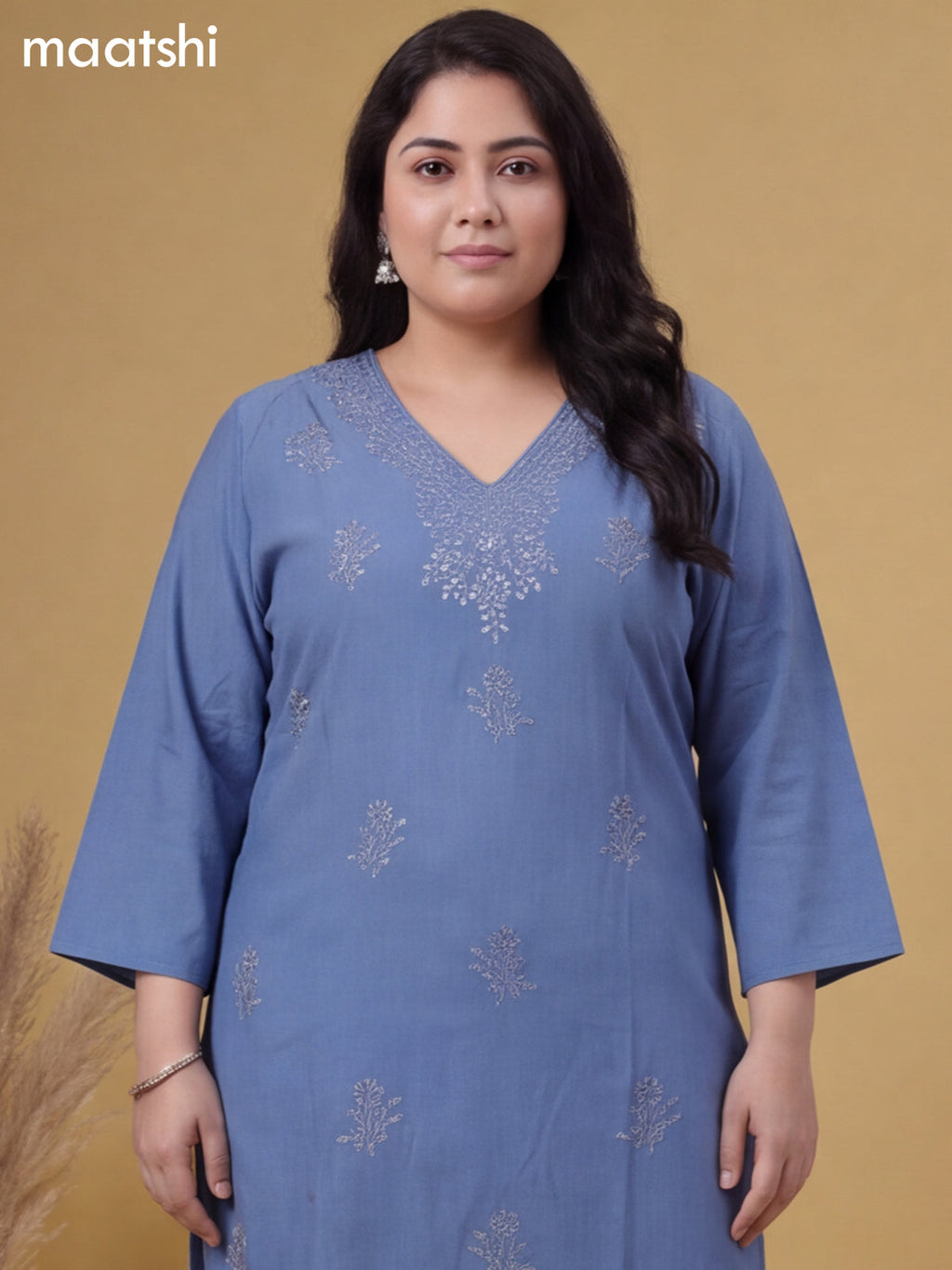Greyish Blue Cotton Embroidery Work Kurti & Bottom Set