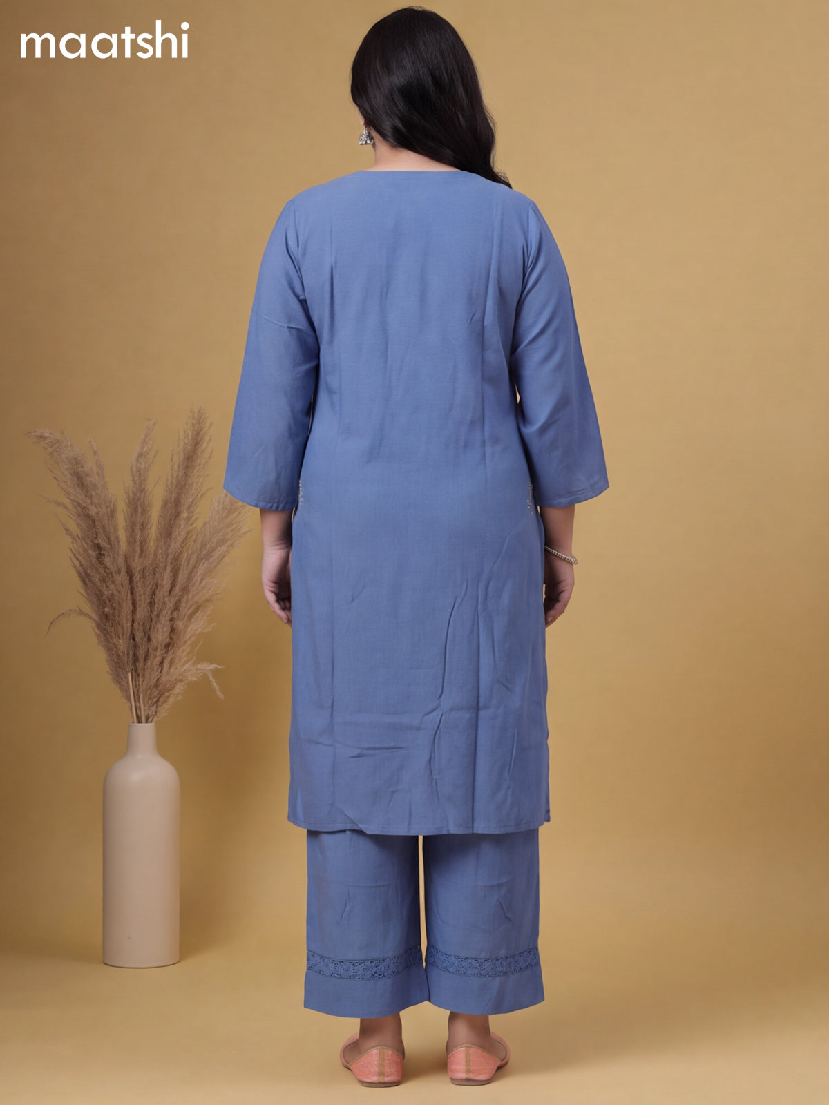 Greyish Blue Cotton Embroidery Work Kurti & Bottom Set