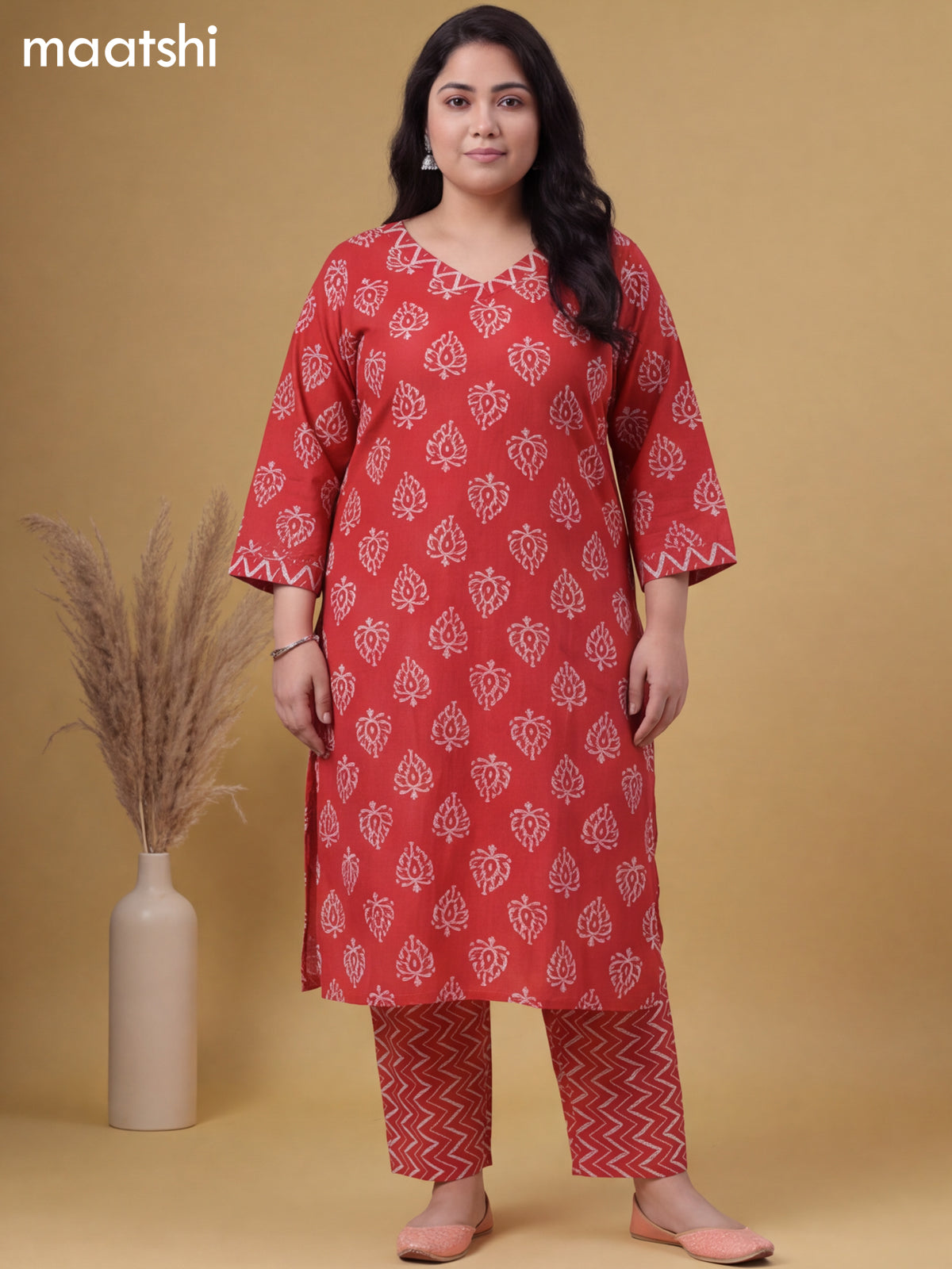 Rustic Maroon Cotton Printed Straight Suit