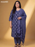 Navy Blue Cotton Printed Straight Suit