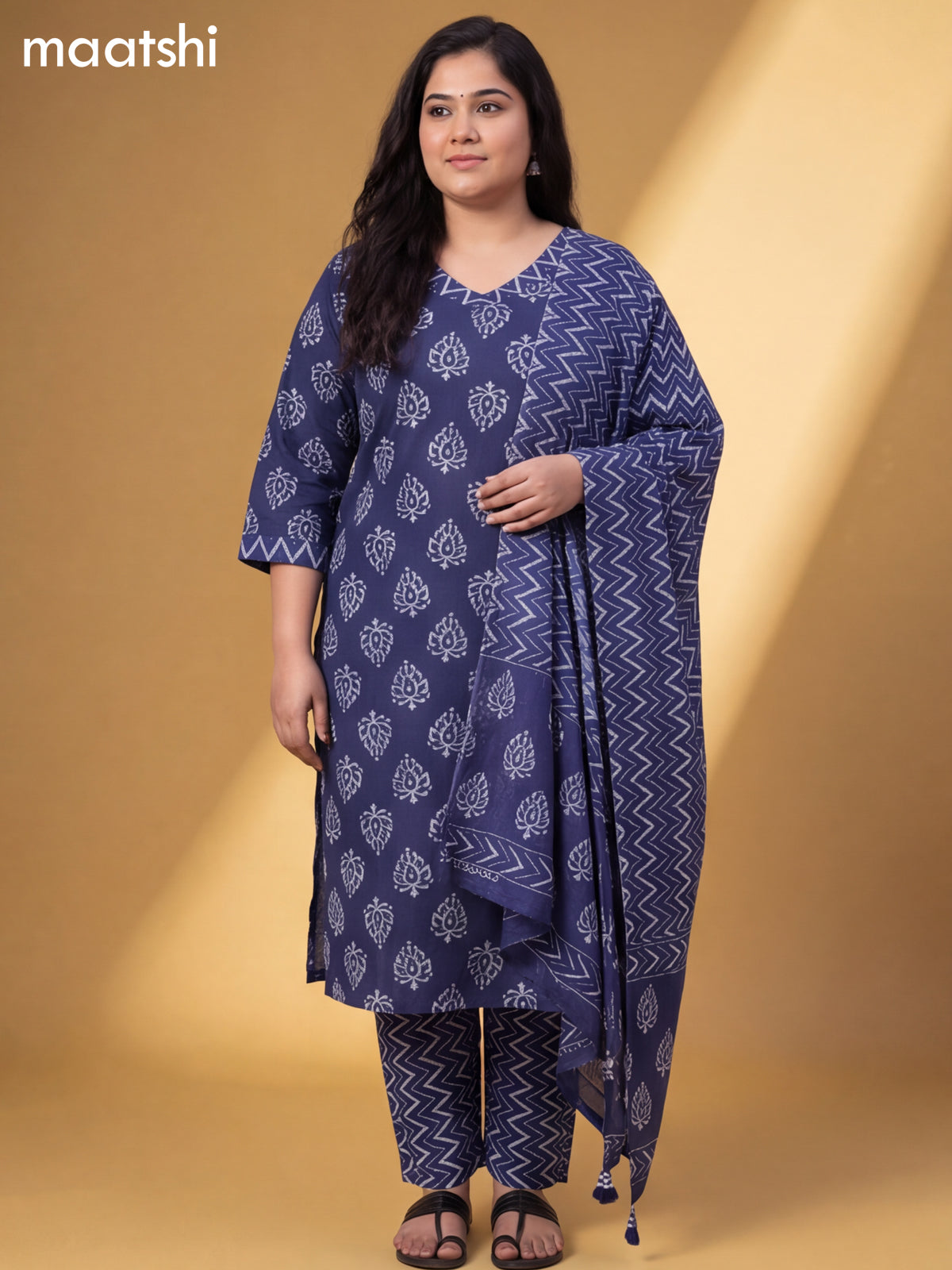 Navy Blue Cotton Printed Straight Suit