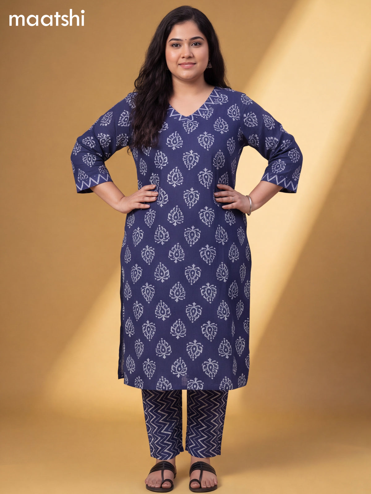 Navy Blue Cotton Printed Straight Suit