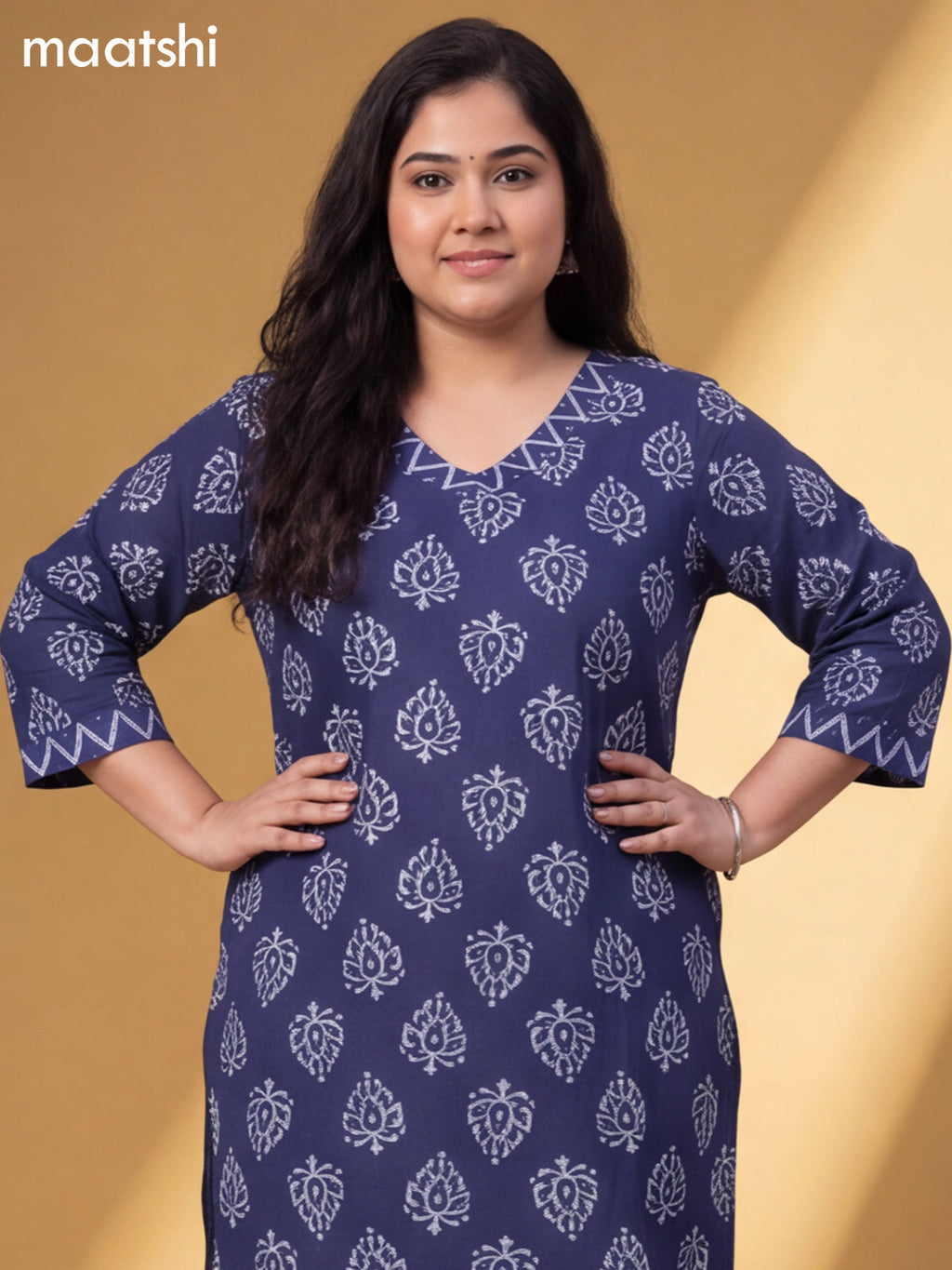 Navy Blue Cotton Printed Straight Suit