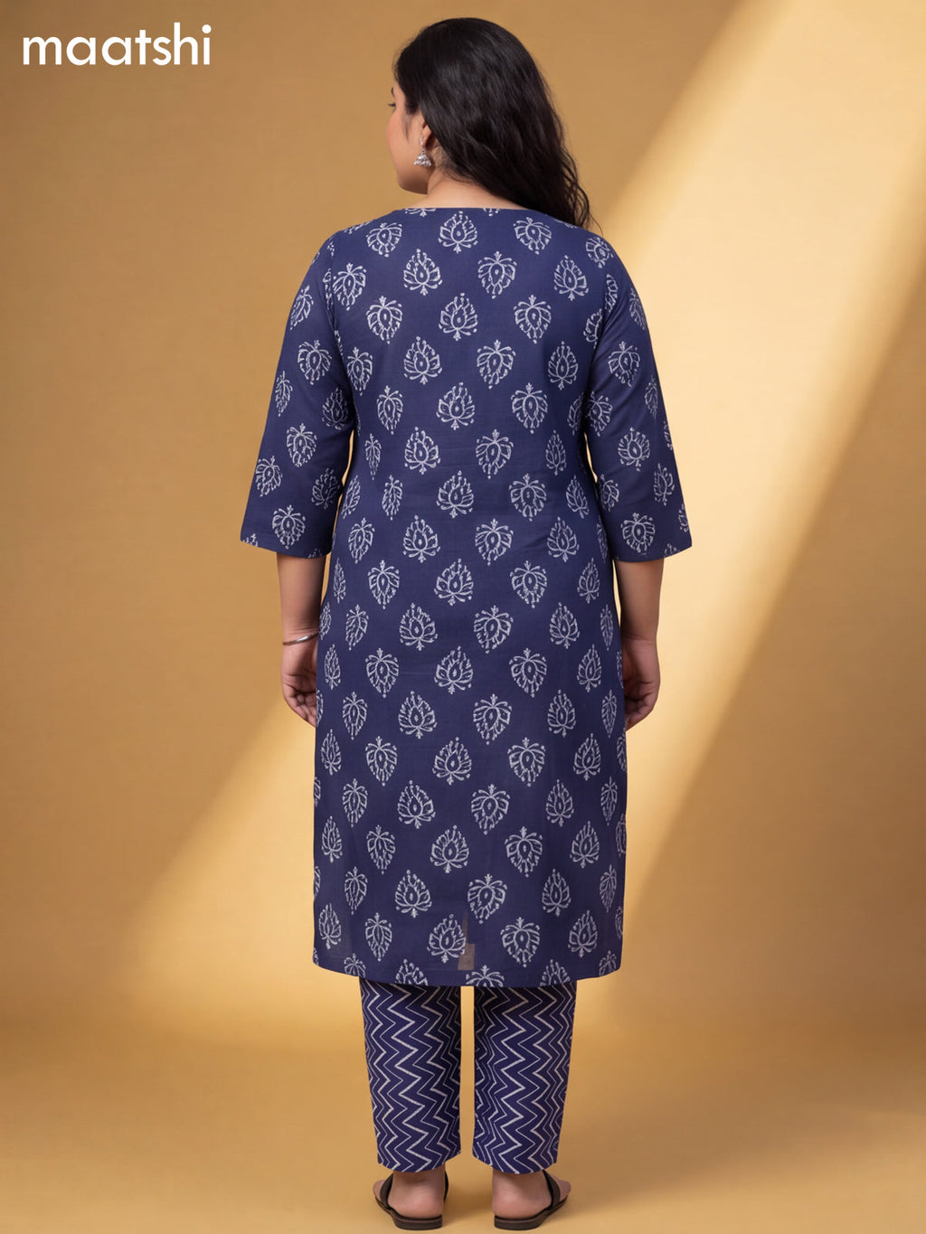 Navy Blue Cotton Printed Straight Suit