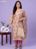 Beige and Pink Cotton Floral Printed & Embroidery Work Straight Suit
