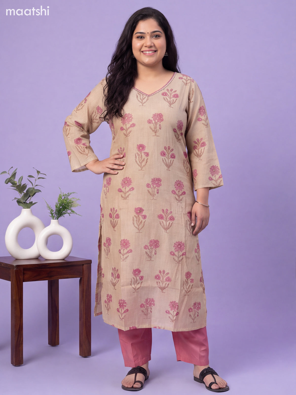 Beige and Pink Cotton Floral Printed & Embroidery Work Straight Suit