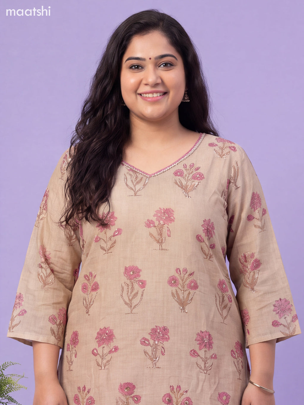 Beige and Pink Cotton Floral Printed & Embroidery Work Straight Suit