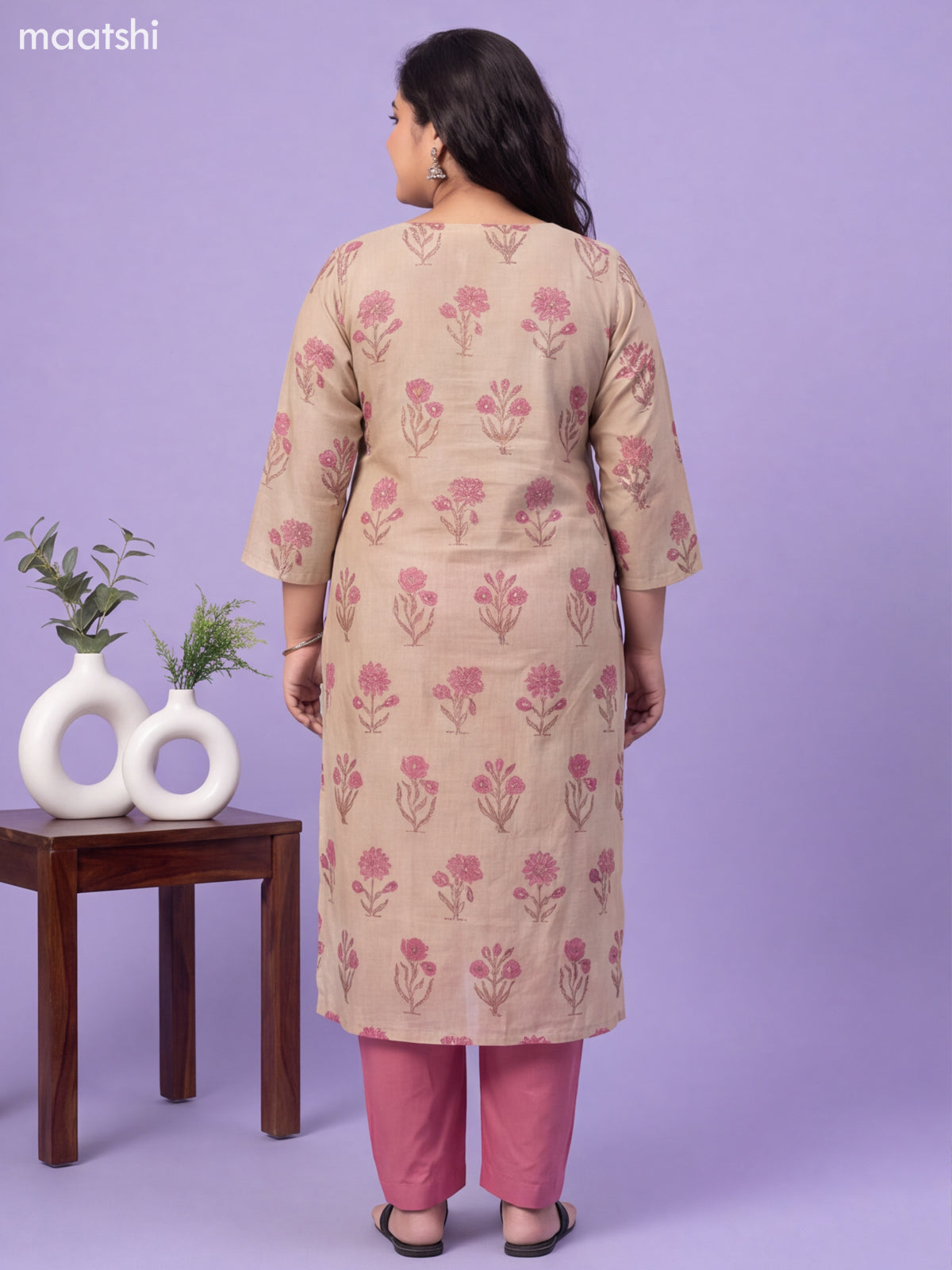 Beige and Pink Cotton Floral Printed & Embroidery Work Straight Suit