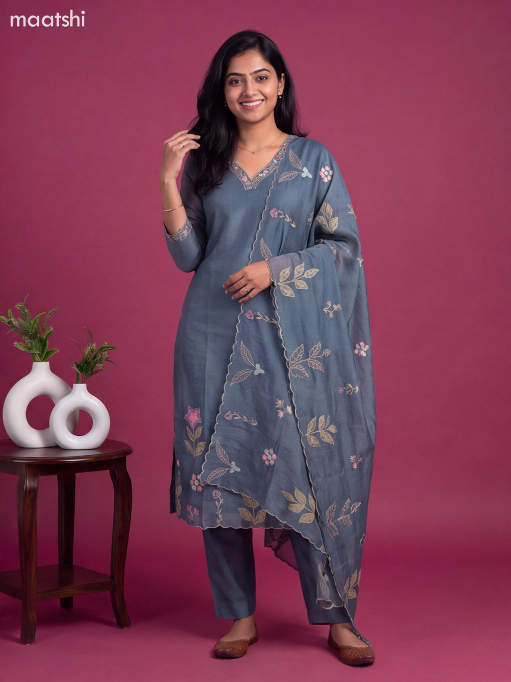 Greyish Blue Cotton Embroidery Work Straight Suit