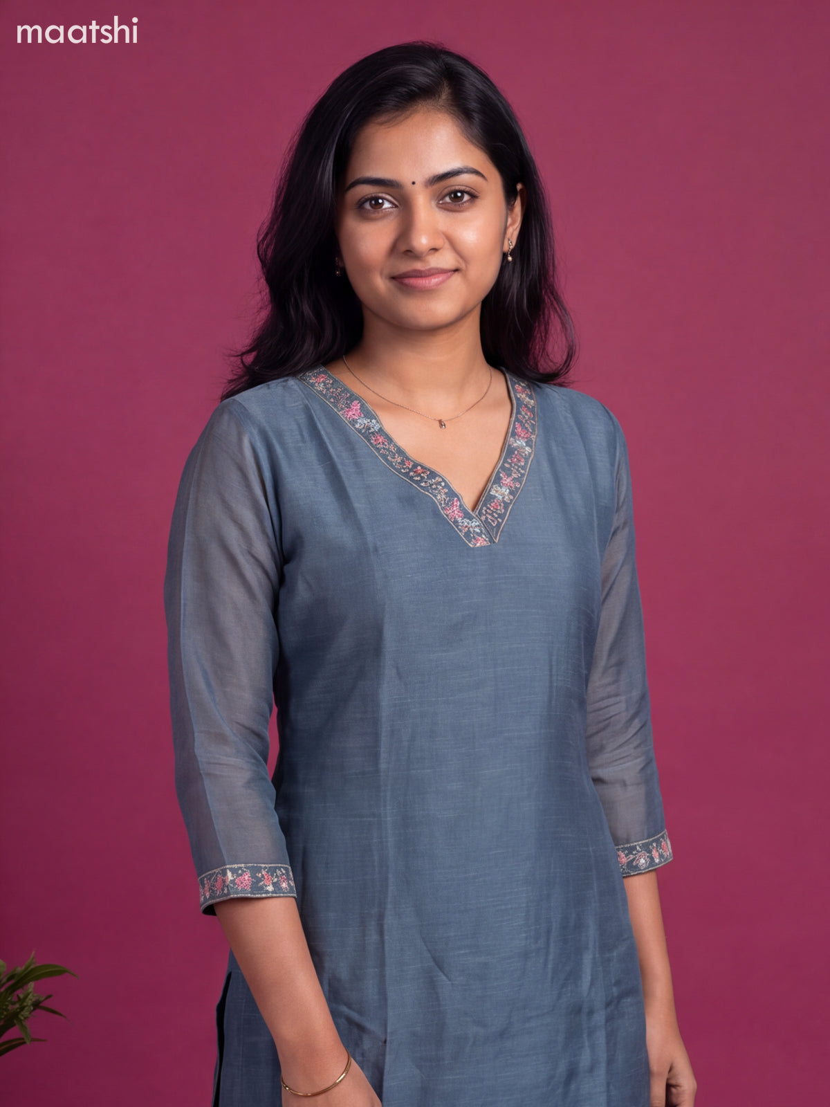 Greyish Blue Cotton Embroidery Work Straight Suit
