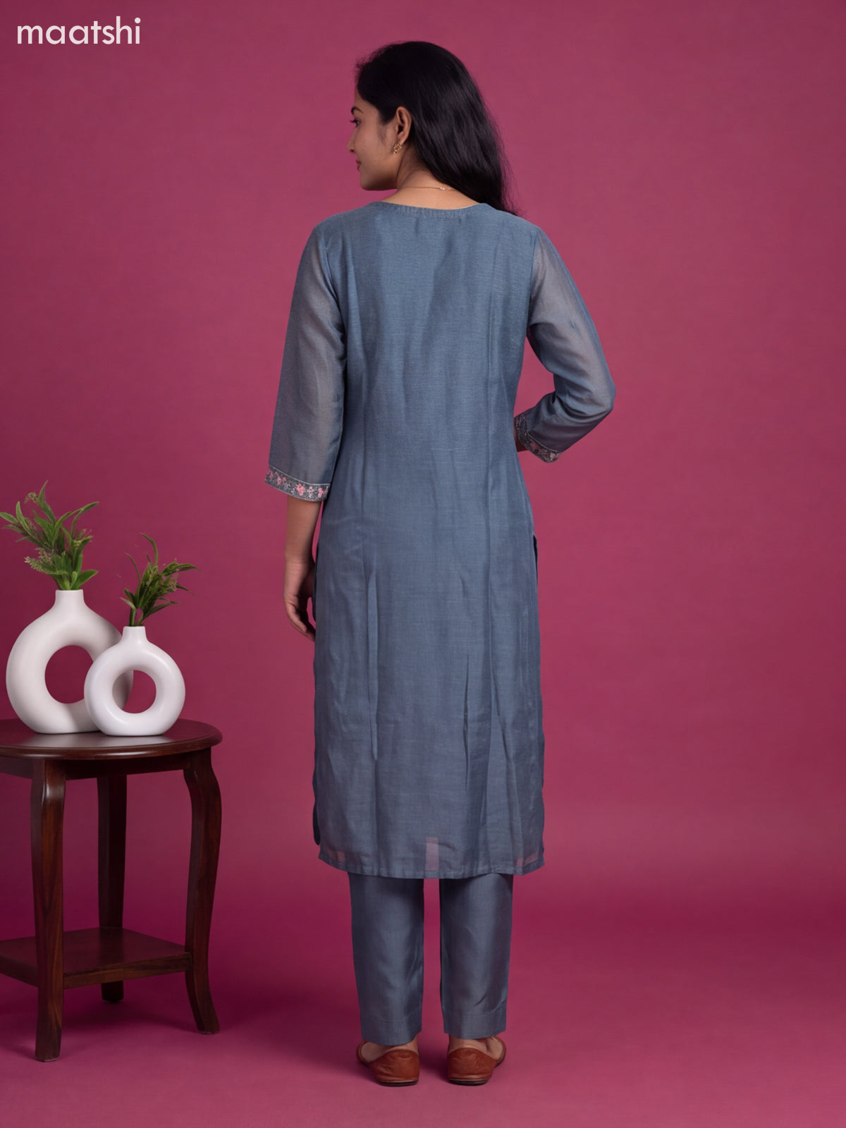 Greyish Blue Cotton Embroidery Work Straight Suit