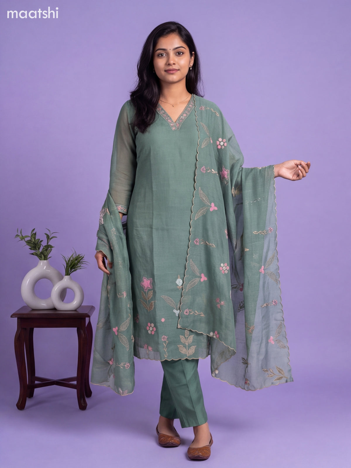 Green Cotton Embroidery Work Straight Suit