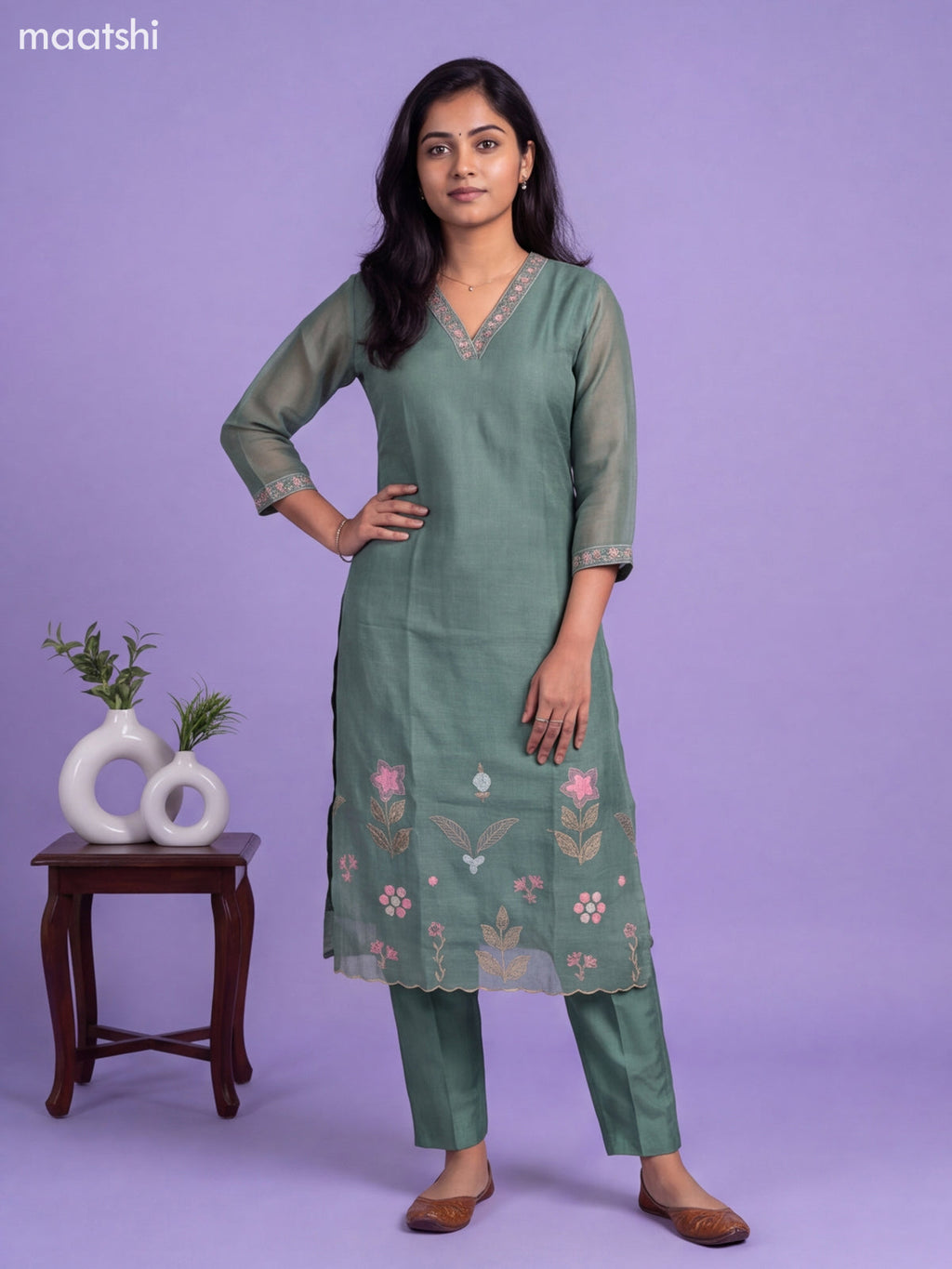 Green Cotton Embroidery Work Straight Suit