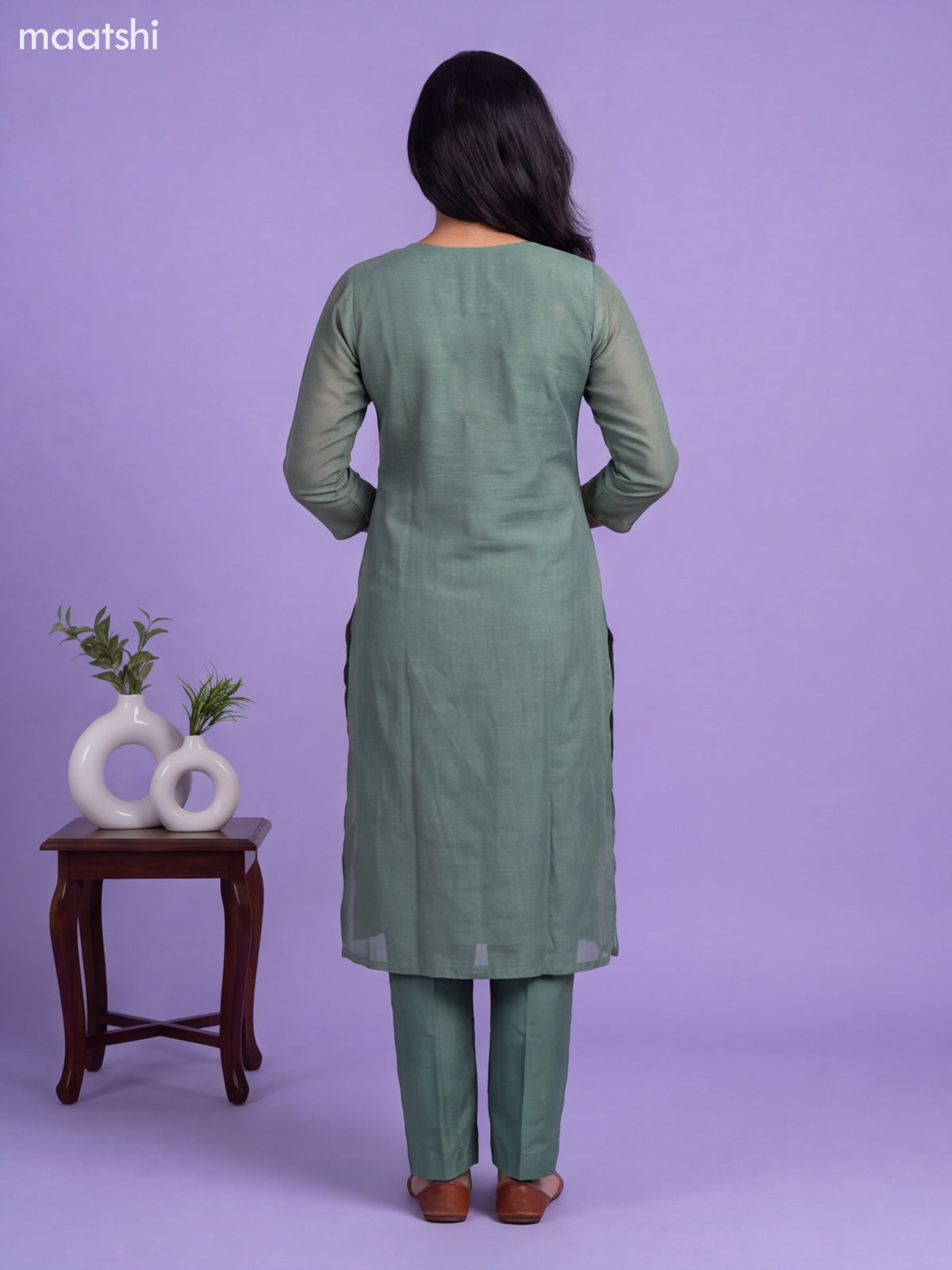 Green Cotton Embroidery Work Straight Suit