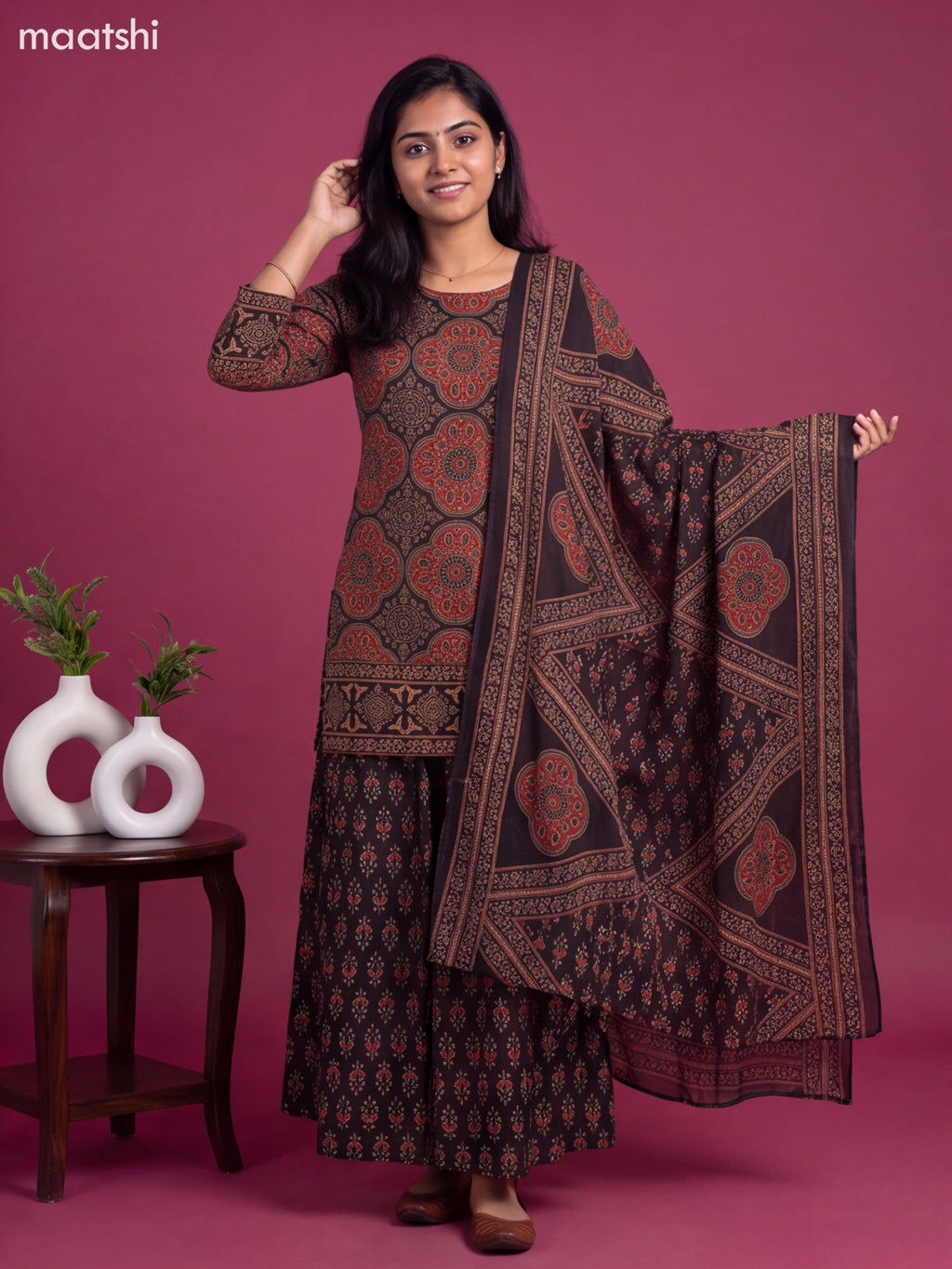 Black and Maroon Cotton Ajrakh Printed Straight Suit