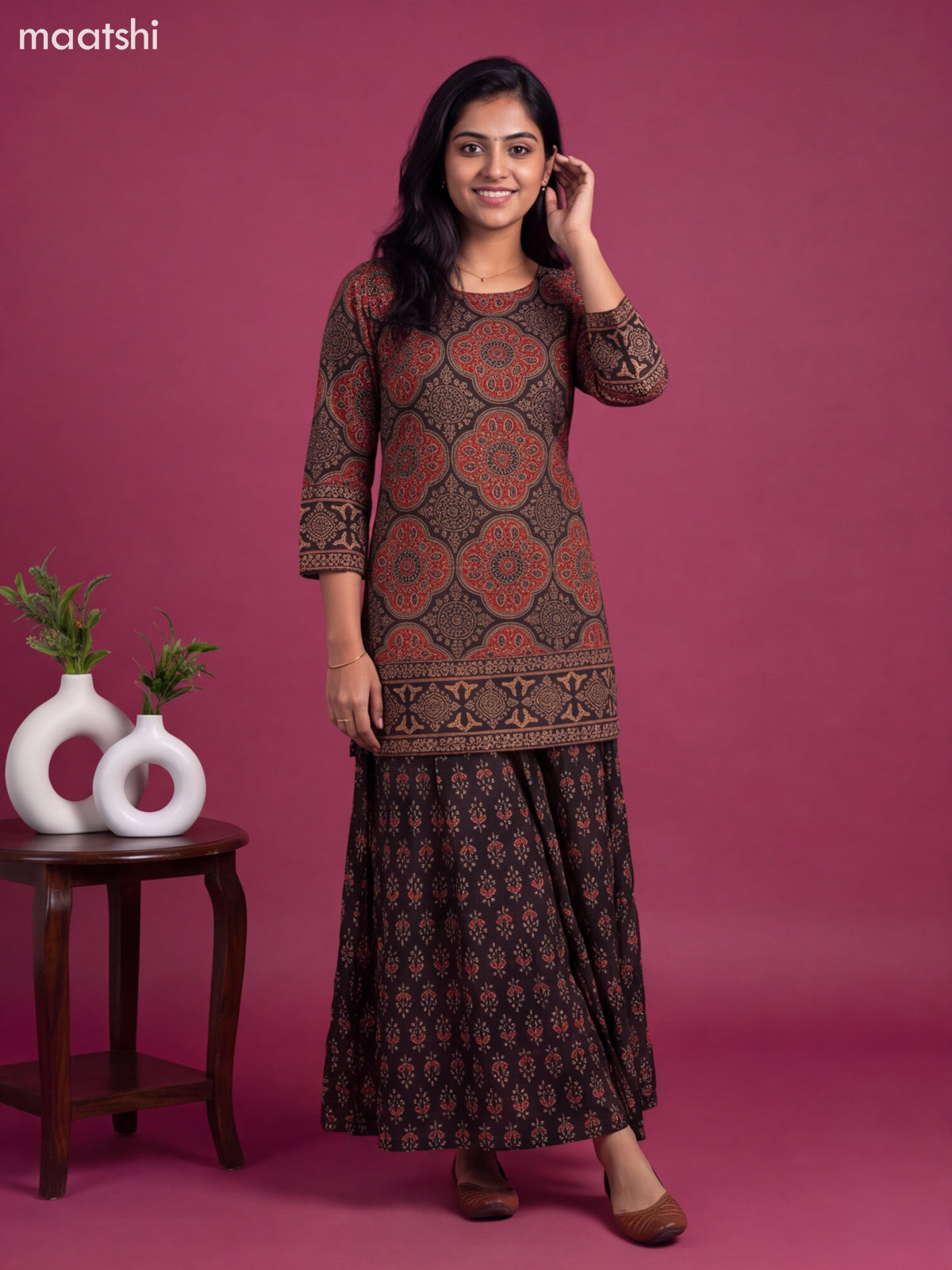 Black and Maroon Cotton Ajrakh Printed Straight Suit